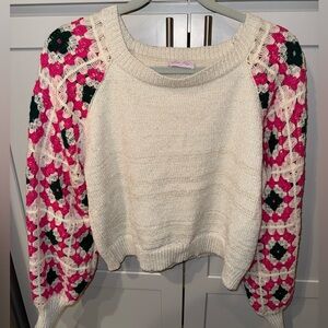 Pink Lily Cream Knit Sweater w Crochet Granny Sleeves | Cozy Boho | Size S💕🖤